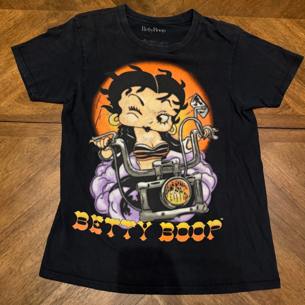 Betty Boop Motorcycle Graphic T-Shirt Black Biker Short Sleeve Tee Small 2023